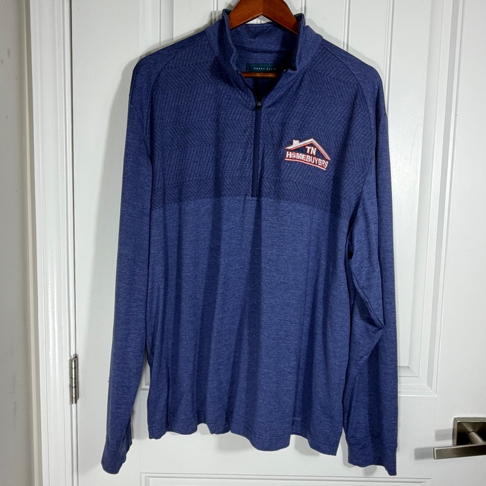 Perry Ellis Mens XL Blue Heathered Quarter Zip Pullover TN Homebuyers Logo